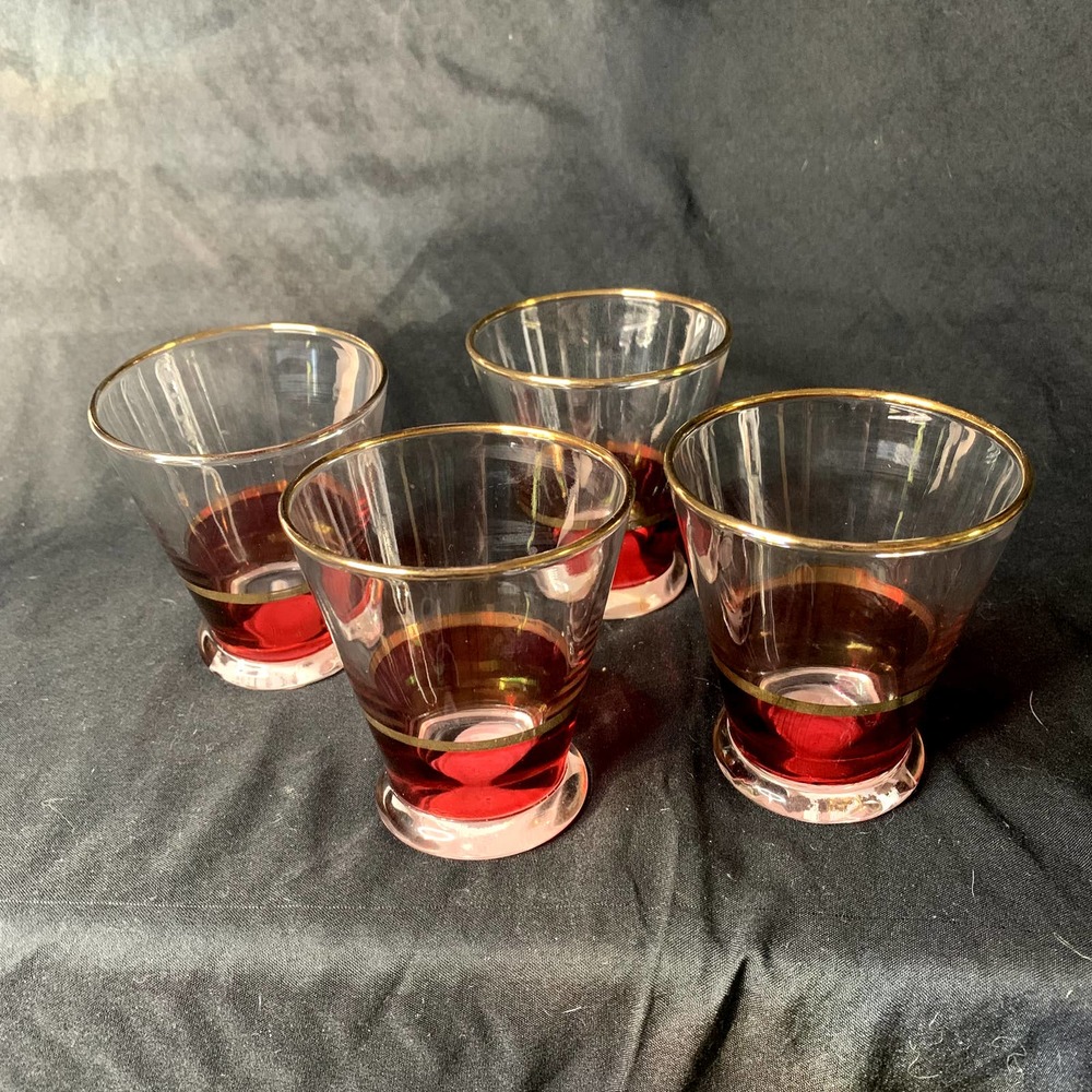 Bohemian Ruby Red Shot Glasses/Gold Trim Antique Art Deco Crystal Glass, Czech